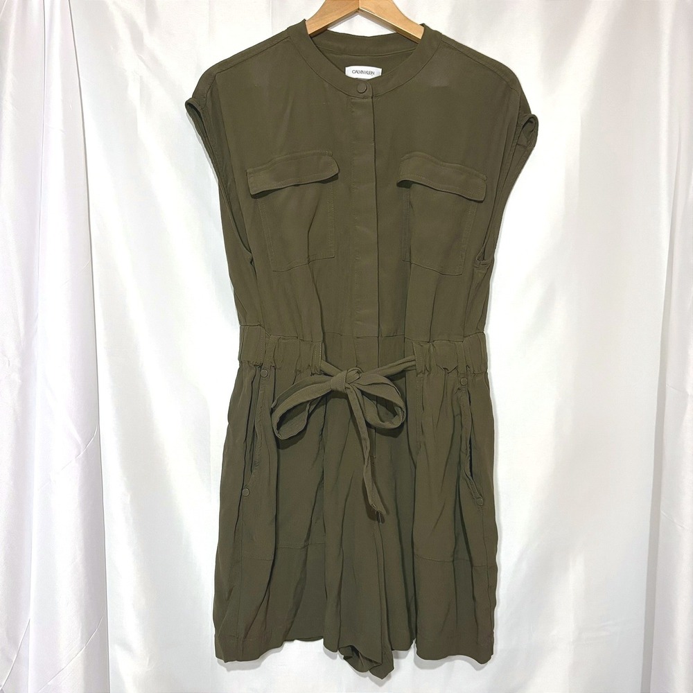 Calvin Klein Olive Green Viscose Utility Romper Sleeveless Tie Waist Size 14